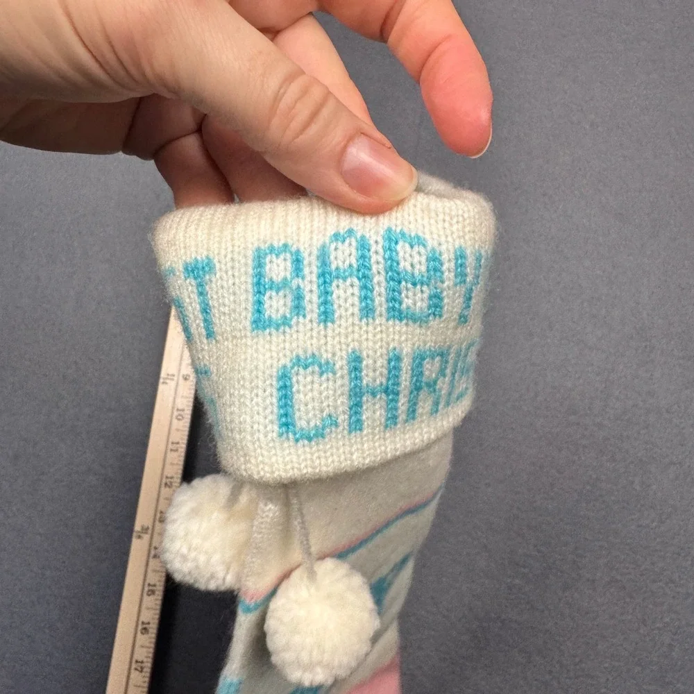 Vtg Babys‎ First Christmas Knit Stocking Bear Unisex Boy Girl Blue Pink White
